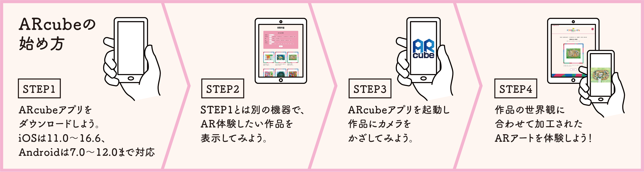 ARcubeの始め方 [STEP1]ARcubeアプリをダウンロードしよう。iOSは11.0～16.6、Androidは7.0～12.0まで対応 [STEP2]STEP1とは別の機器で、AR体験したい作品を表示してみよう。 [STEP3]ARcubeアプリを起動し作品にカメラをかざしてみよう。 [STEP4]作品の世界観に合わせて加工されたARアートを体験しよう！
